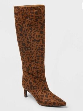 a new day Memory Foam Brown Leopard-Print Pointed Kitten Knee High Heel Boots